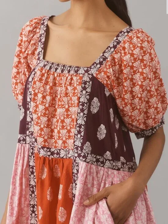 Anthropologie Maeve Midi Dress Women’s small Shortsleeve Square Neck Tape-Detail - Picture 3 of 9